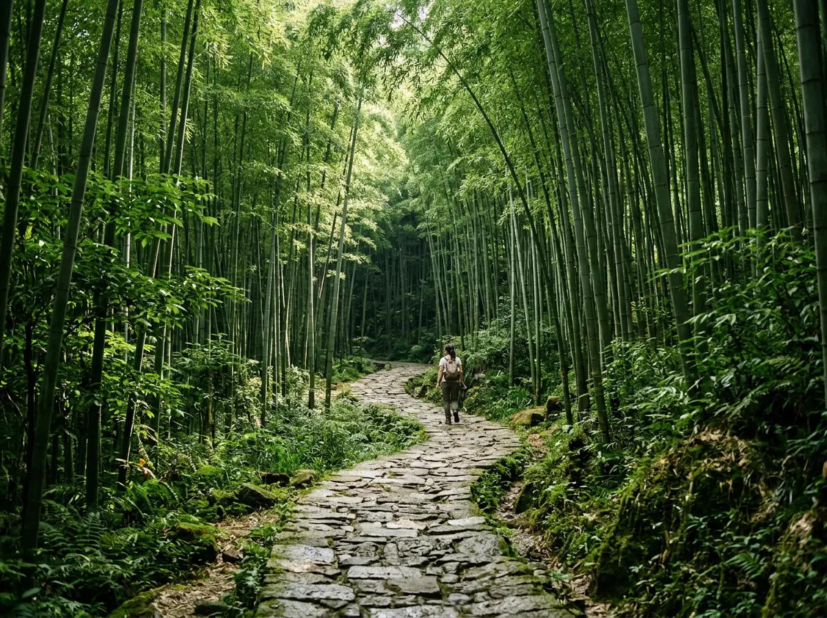 Generated illustration of a stone-paved path through a tall bamboo forest