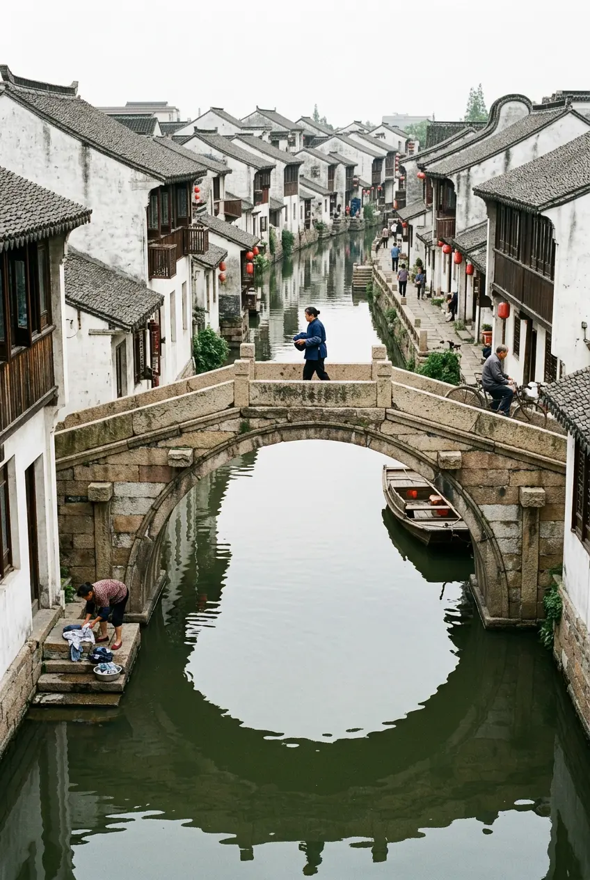 Generated illustration of an old arched stone bridge in a water village