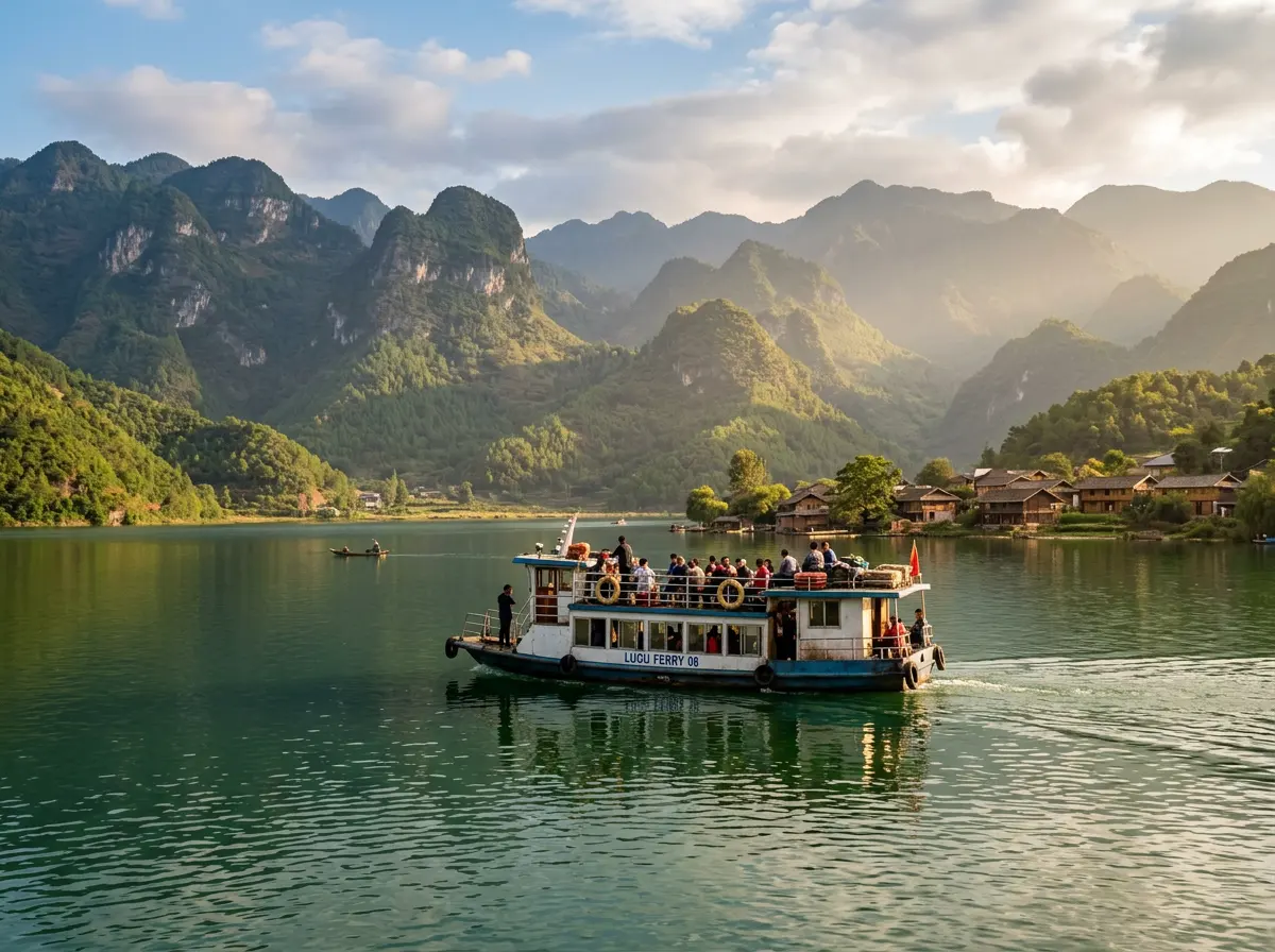 Generated illustration of a small passenger ferry crossing a calm green lake