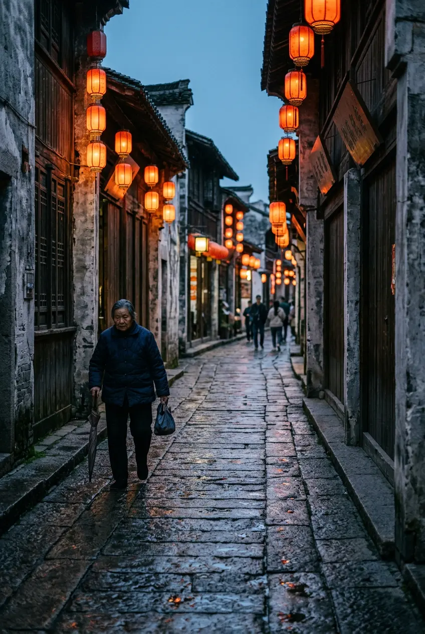 Generated illustration of a wet stone lane at dusk lit by red paper lanterns