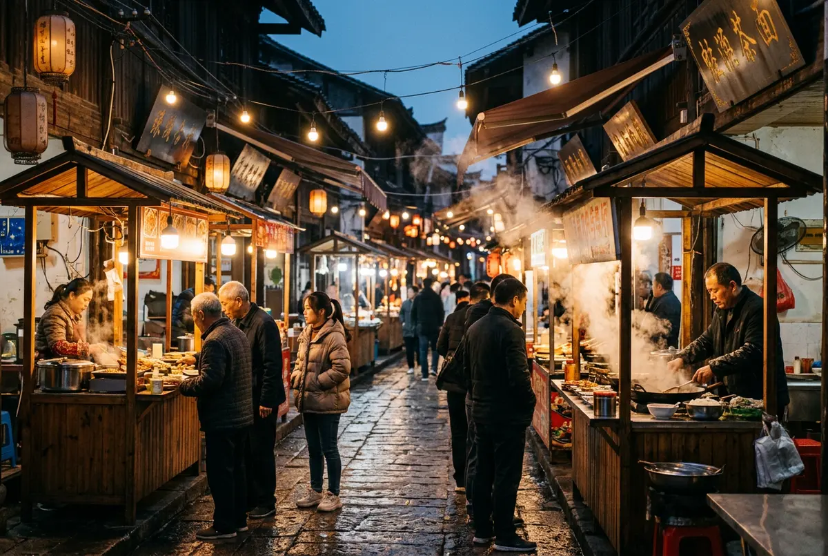 Generated illustration of an evening street food market in an old town with warm string lights