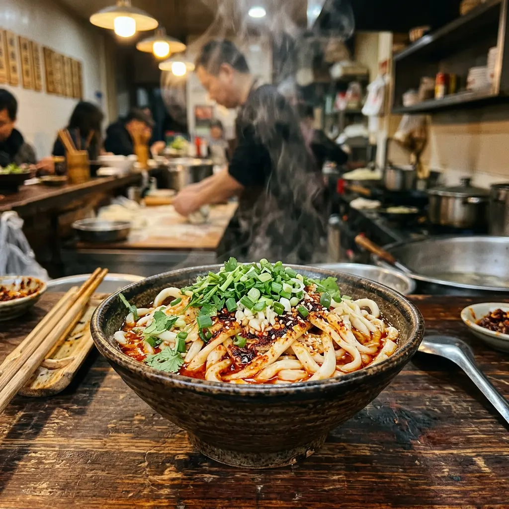 Generated illustration of a bowl of hand-pulled noodles with chilli oil at a shop counter