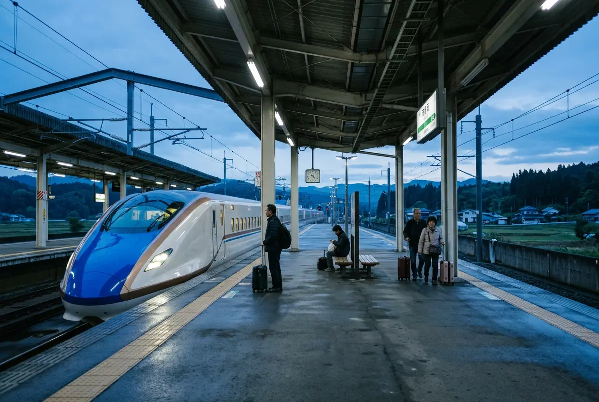 Generated illustration of a high-speed train waiting at a quiet platform at dawn