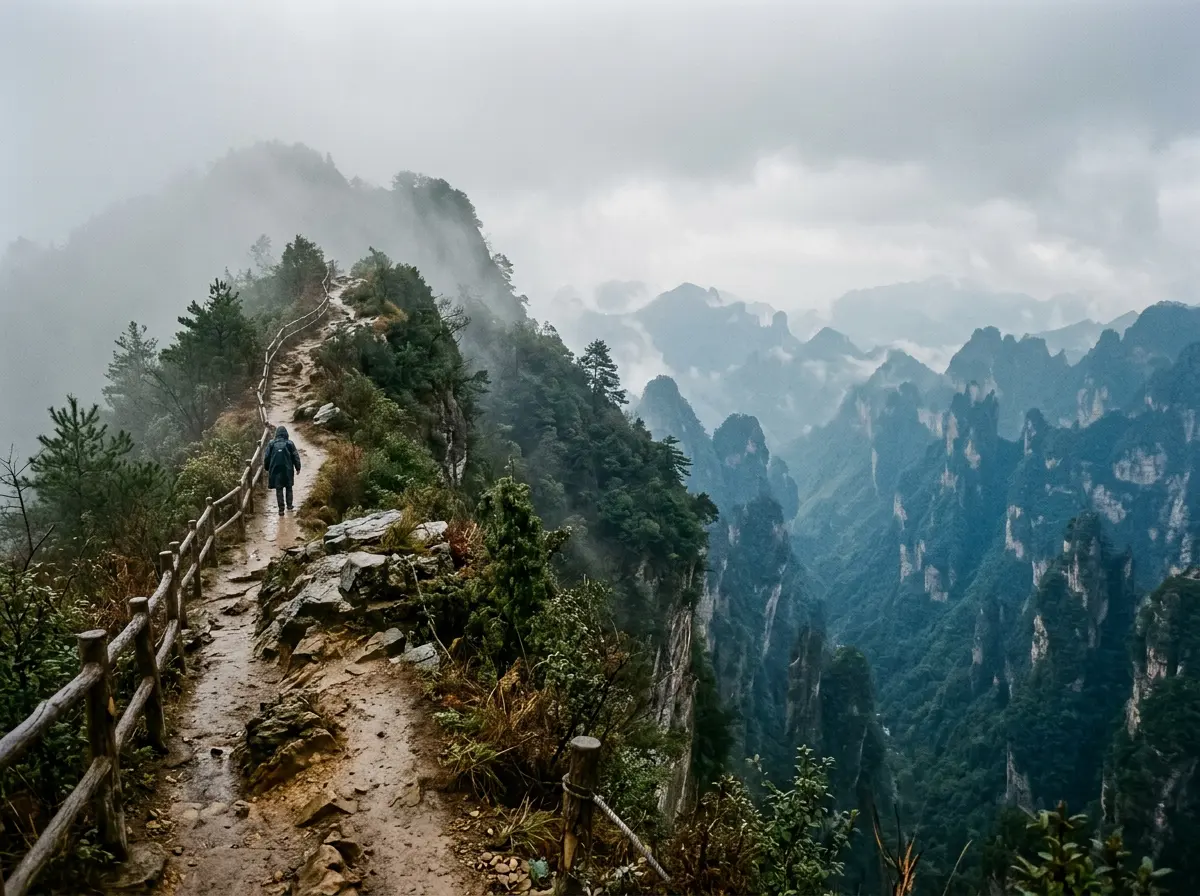 Generated illustration of a narrow footpath along a misty mountain ridge