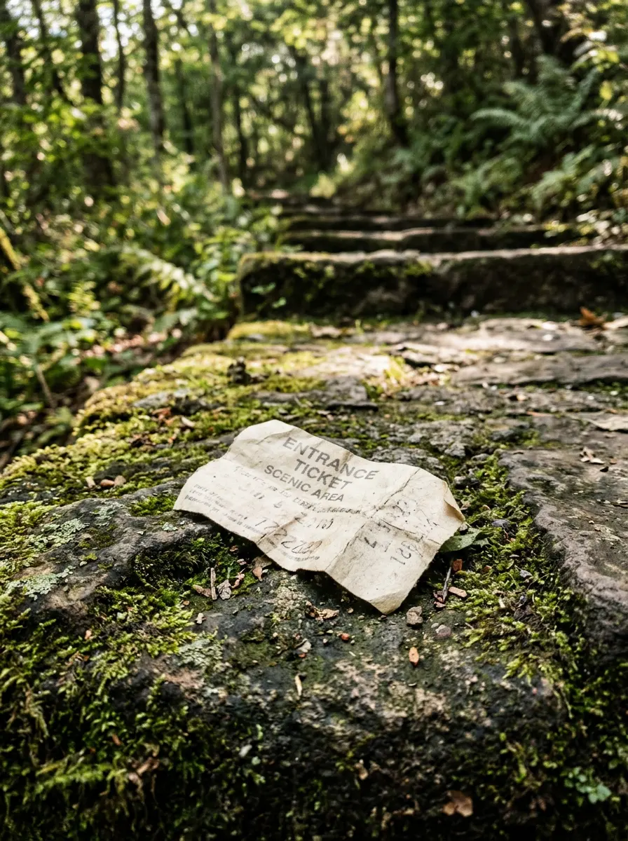 Generated illustration of a crumpled scenic area entrance ticket resting on a mossy stone step