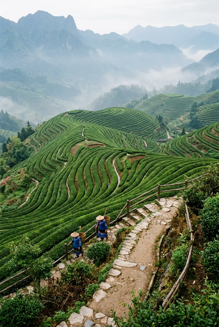 Generated illustration of curved green tea terraces on a hillside in morning haze