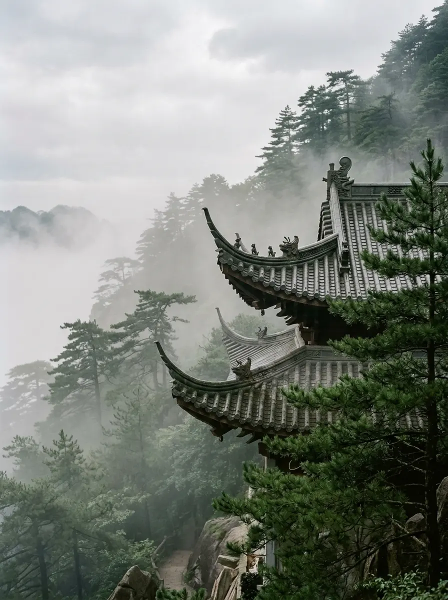 Generated illustration of temple roof corners rising out of mountain mist
