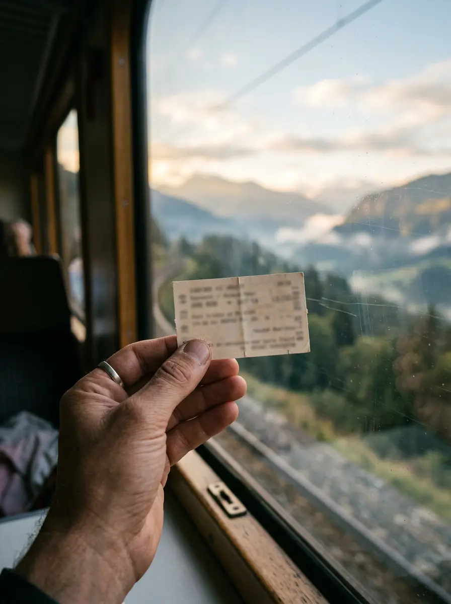 Generated illustration of a hand holding a small paper train ticket up to a train window with mountains outside