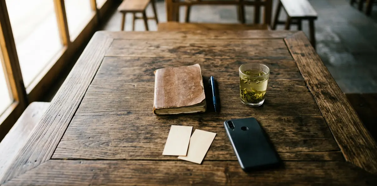 Generated illustration of a notebook, tea and two paper tickets on a wooden table