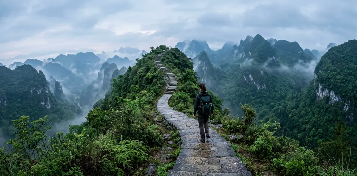 Generated illustration of a traveller walking a stone path along a misty green ridge