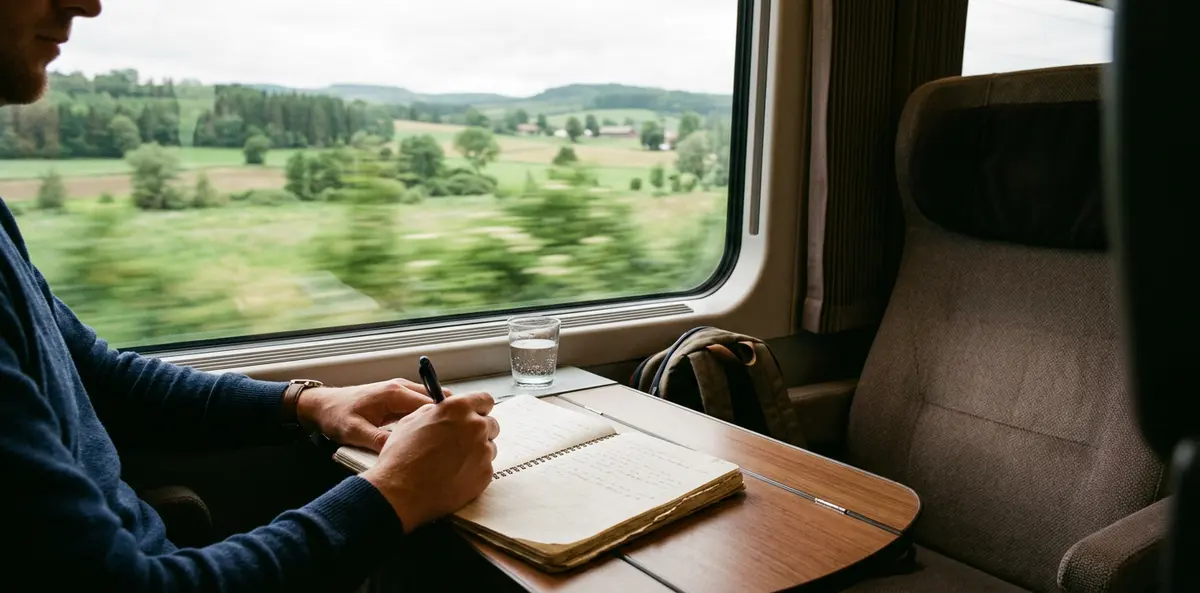 Generated illustration of a person writing in a notebook at a train window